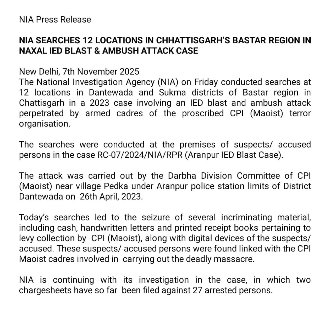 अरनपुर ब्लास्ट केस में एनआईए की बड़ी कार्रवाई : सुकमा और दंतेवाड़ा के 12 ठिकानों पर छापे, लेवी वसूली के दस्तावेज़ बरामद