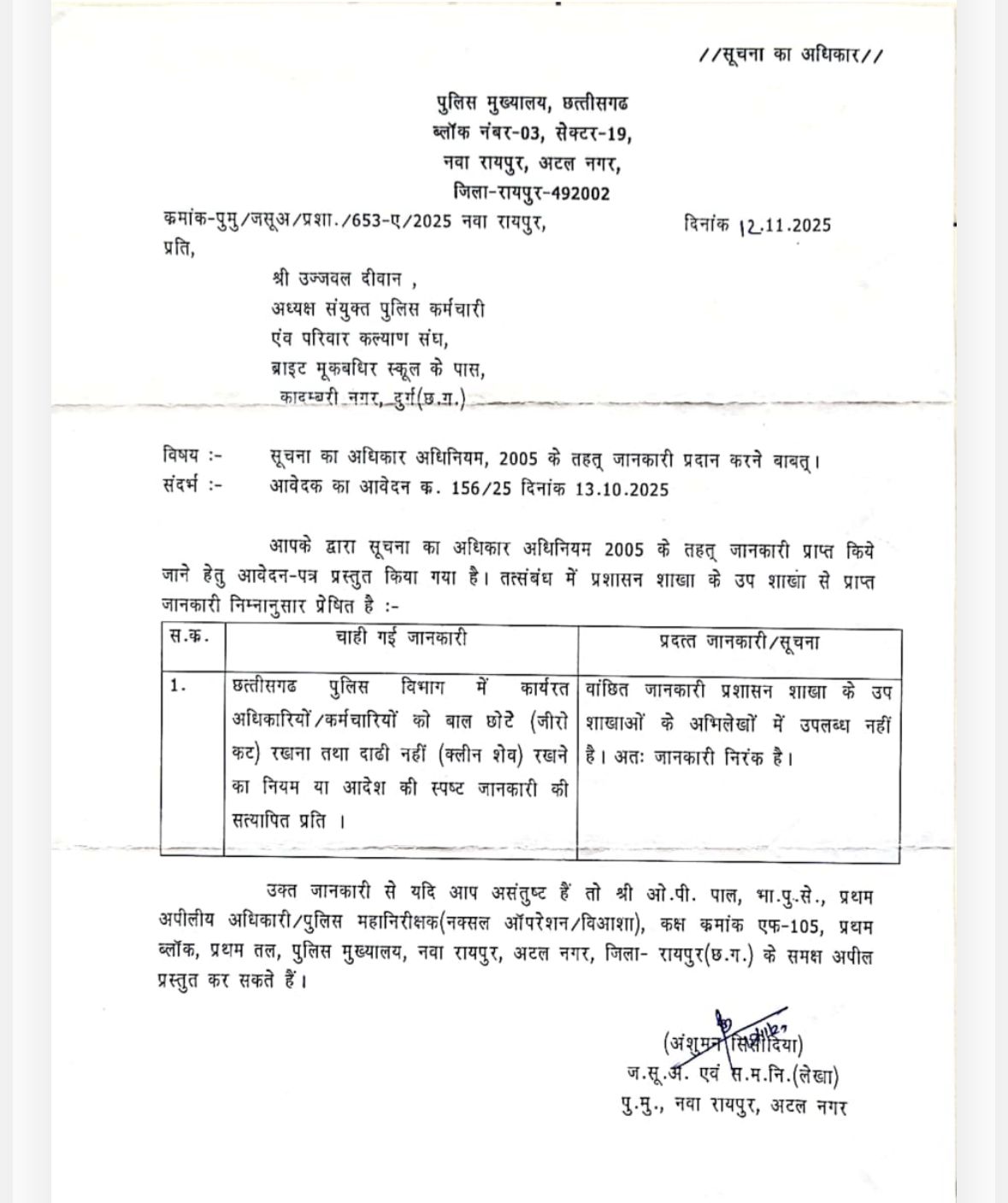छत्तीसगढ़ पुलिस में न जीरो कट अनिवार्य, न क्लीन शेव — PHQ की RTI जानकारी में बड़ा खुलासा