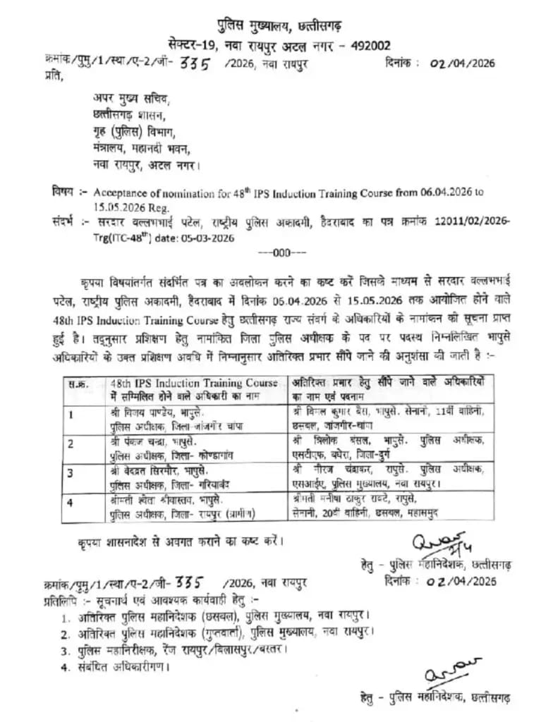 छत्तीसगढ़ के चार जिलों के एसपी ट्रेनिंग पर, नए प्रभारियों की हुई तैनाती